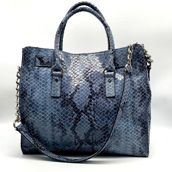 Michael Kors Blue Suede Python Embossed Hamilton Tote Bag - Picture 2 of 13